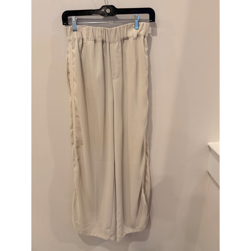 Anthropologie Wide Leg Pull On Pants Small Cream Grosgrain Trim Elastic Waist.